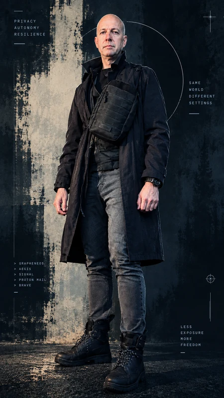 Deakster, founder of FS HOT, in dark utilitarian clothing