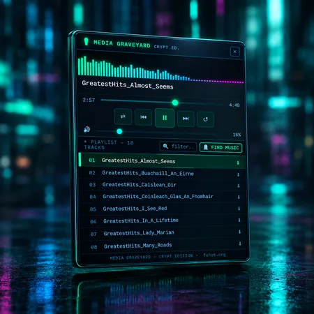 A glowing green and teal Media Graveyard Crypt Edition music player floating on a dark reflective surface, showing a spectrum display and a ten-track playlist