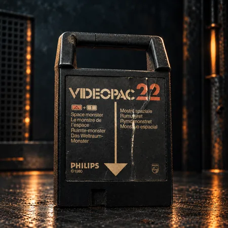 A worn black Philips Videopac 22 Space Monster game cartridge with a cracked label, standing on a dark scuffed surface