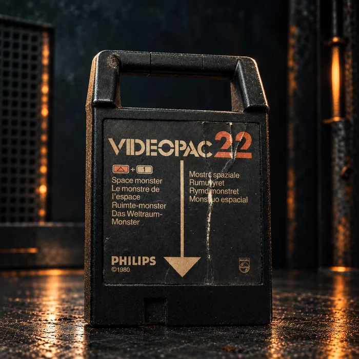 A worn black Philips Videopac 22 Space Monster game cartridge with a cracked label, standing on a dark scuffed surface