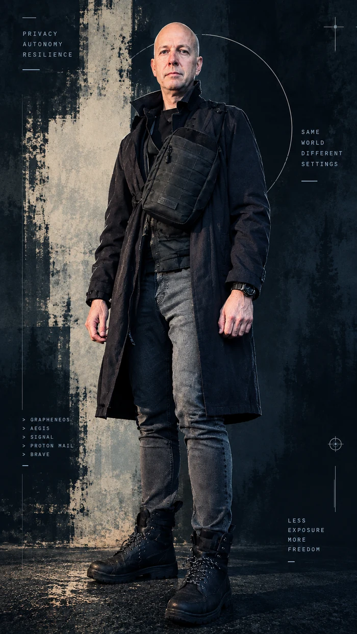 Deakster, founder of FS HOT, in dark utilitarian clothing