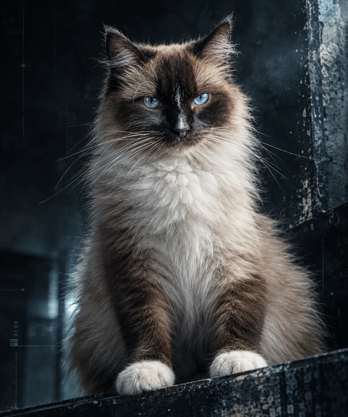 Mocha, a seal point Ragdoll cat with blue eyes, sitting alertly