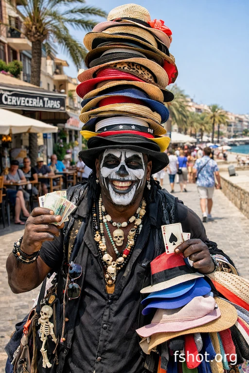 Majorca street hustler wearing 20 hats
