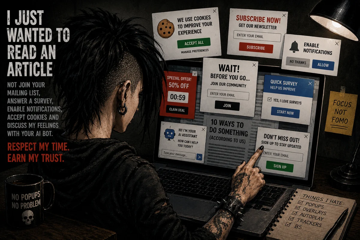 A frustrated user faces a screen covered in popups: cookie consent, newsletter signup, notification requests, exit-intent overlays and AI chat widgets. Mug reads No Popups No Problem. Notepad reads Things I Hate: Popups, Overlays, Autoplay, Trackers, BS.