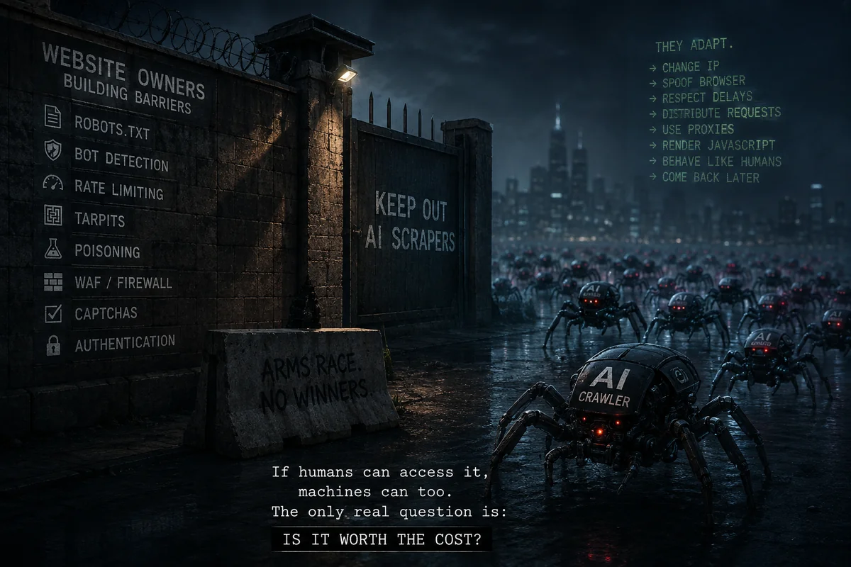 A fortified wall marked Keep Out AI Scrapers, listing defences: robots.txt, bot detection, rate limiting, tarpits, poisoning, WAF/firewall, CAPTCHAs, authentication. On the other side, an army of mechanical AI crawler spiders advance through rain. Above them, their counter-measures: change IP, spoof browser, respect delays, distribute requests, use proxies, render JavaScript, behave like humans, come back later. A concrete barrier reads: Arms Race. No Winners. The caption below: If humans can access it, machines can too. Is it worth the cost?