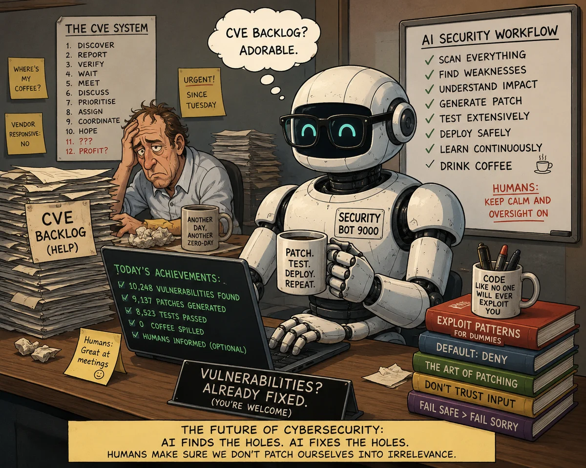 Security Bot 9000 sits at a desk holding a coffee mug reading Patch. Test. Deploy. Repeat., while a exhausted human colleague contemplates the CVE backlog. The laptop reports 10,248 vulnerabilities found, 9,137 patches generated, and Humans Informed: Optional.