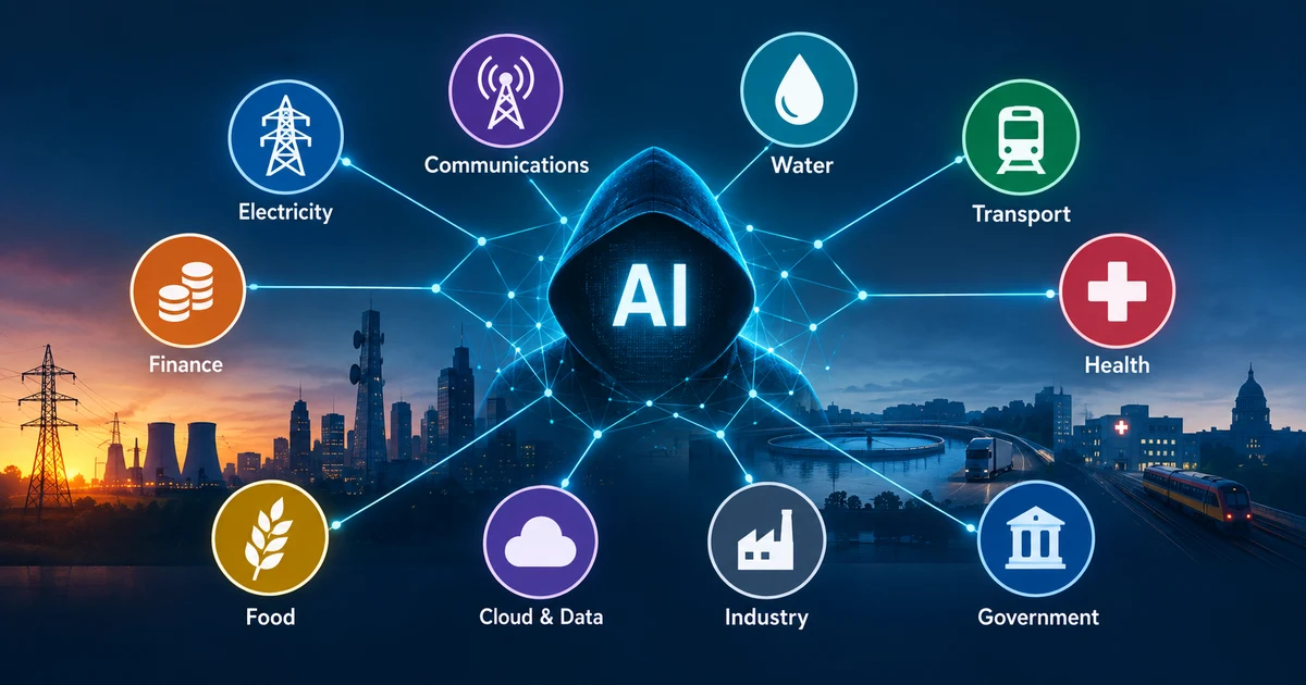 A hooded, faceless AI figure rendered in glowing blue circuitry sits at the centre of a network diagram, connected by lines to ten colour-coded infrastructure sectors: Electricity, Communications, Water, Transport, Finance, Health, Food, Cloud & Data, Industry, and Government. The scene is layered over a dusk cityscape with pylons, a cooling tower, a water treatment plant, and a train.