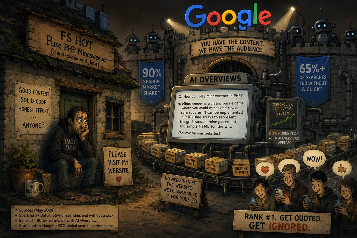 An indie developer sits outside his hand-coded cottage with a No Budget mug and a Please Visit My Website sign, while the Google castle churns out instant answers to delighted users who never need to click through