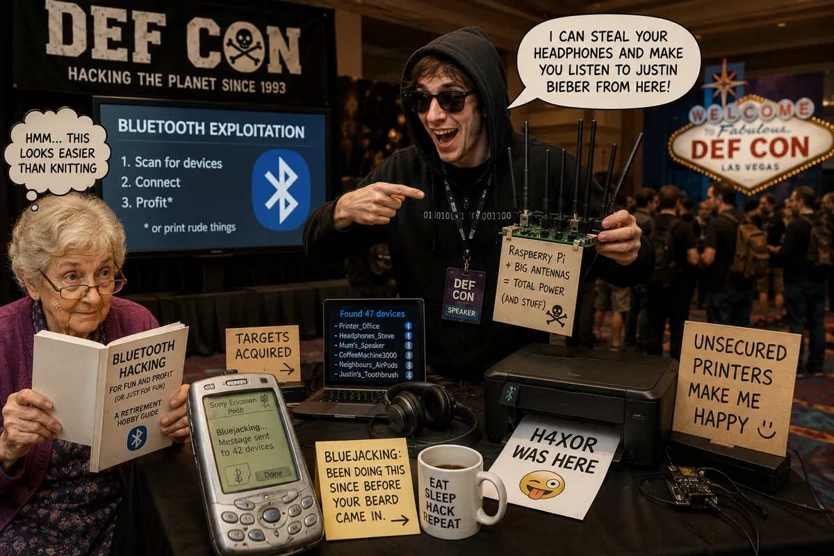 A DEF CON presenter demonstrates Bluetooth exploitation with a Raspberry Pi and oversized antennas while an elderly lady reads a Bluetooth hacking retirement guide