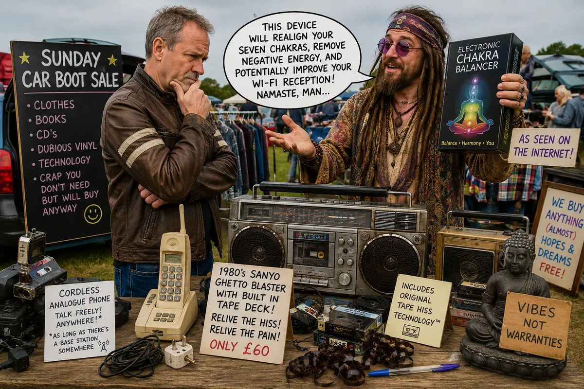 A sceptical man examines an electronic chakra balancer held aloft by a new-age hippie stallholder at a Sunday car boot sale, surrounded by a 1980s Sanyo ghetto blaster, cordless analogue phones, mangled cassette tape, and a small Buddha statue