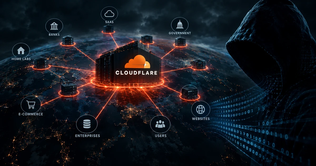 A hooded figure dissolving into a stream of binary code faces a glowing globe at night, where a Cloudflare data centre sits at the centre of a network reaching out to home labs, banks, SaaS platforms, government, e-commerce, enterprises, users and websites.