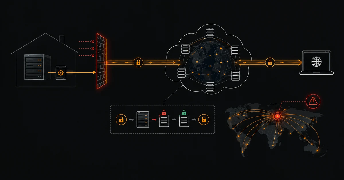 A home server behind a firewall sending traffic through an encrypted tunnel into a black-box global network, before reaching a browser. Below, a sealed document is unlocked, read, and resealed inside the network. A world map shows one compromised point radiating risk outward to every continent.