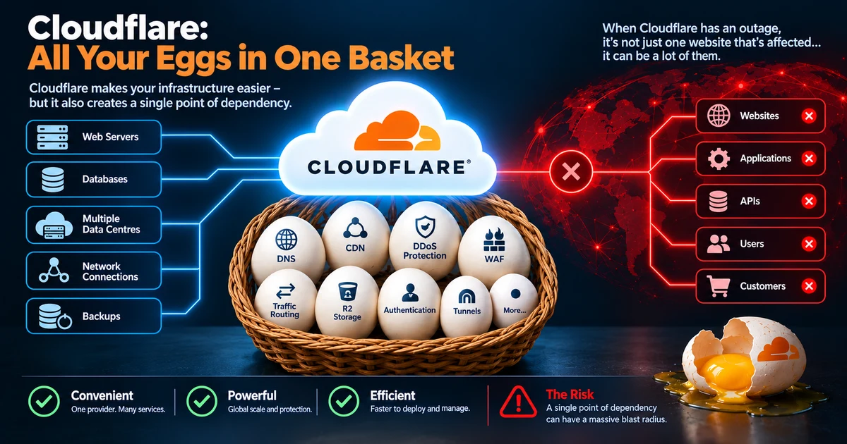 Web servers, databases, data centres and network connections all feeding into a single Cloudflare node, which itself feeds an X-marked, at-risk internet on the other side. A basket of eggs labelled DNS, CDN, DDoS Protection, WAF, Traffic Routing, R2 Storage, Authentication and Tunnels sits beneath the Cloudflare logo, with one egg already broken on the ground.