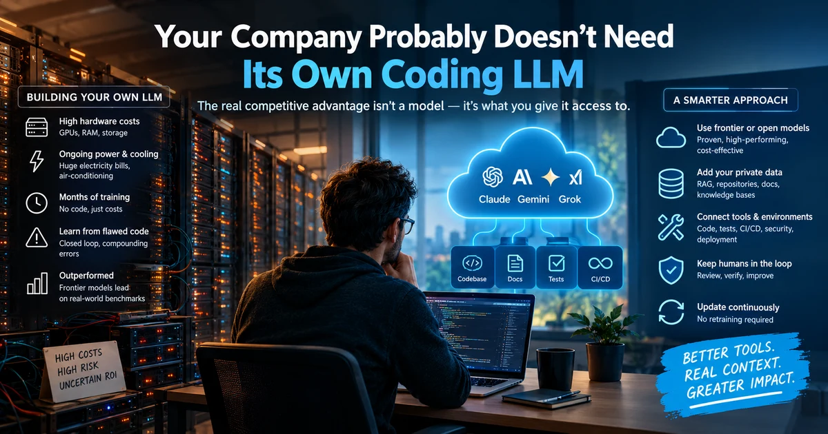Building your own LLM: high hardware costs, ongoing power and cooling, months of training, learning from flawed code, and being outperformed by frontier models. A smarter approach: use frontier or open models, add private data via RAG, connect tools and environments, keep humans in the loop, and update continuously with no retraining required.
