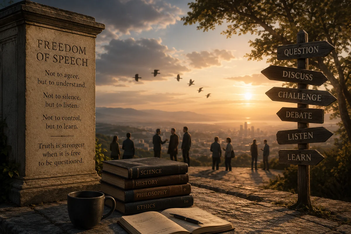 A stone monument inscribed with the words Freedom of Speech — Not to agree, but to understand. Not to silence, but to listen. Not to control, but to learn. Truth is strongest when it is free to be questioned. Beside it, a signpost points in multiple directions: Question, Discuss, Challenge, Debate, Listen, Learn. Groups of people converse at sunset overlooking a city.