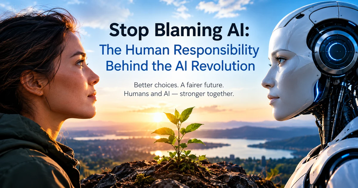 A woman and a humanoid robot face each other in profile at sunrise on a hilltop, a small green sapling growing between them, with a city and lake in the valley below.