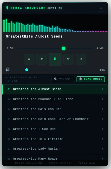 The Media Graveyard Crypt Edition floating player on a near-black background. A title bar reads "Media Graveyard &mdash; Crypt Ed." with a close button, above a green-to-cyan frequency visualiser and the current track title. Below are a seek bar with elapsed and total time, shuffle, previous, pause, next and repeat buttons, and a volume slider. A playlist header shows the track count, a filter box and a green Find Music button, followed by numbered tracks with download icons and the first track highlighted.