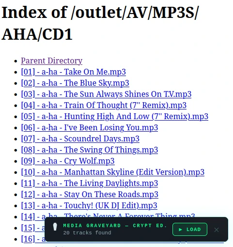 A plain browser directory listing headed "Index of" followed by a folder path, listing numbered MP3 files as ordinary blue hyperlinks under a Parent Directory link. At the bottom right, a dark Media Graveyard &mdash; Crypt Ed. notification reads "20 tracks found" with a green Load button and a close icon.