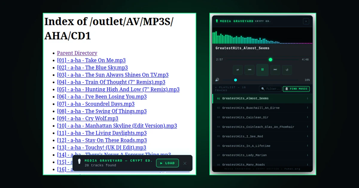Two screenshots side by side on a dark green background. On the left, a plain browser directory listing of MP3 files with a Media Graveyard notification at the bottom reading "20 tracks found" beside a green Load button. On the right, the black cyberpunk-styled Media Graveyard Crypt Edition floating player, showing a green frequency visualiser, playback controls, a volume slider and a playlist of tracks.