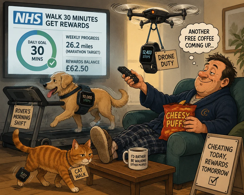 A man reclines on a sofa in a dressing gown eating Cheesy Puffs while his dog runs on a treadmill wearing a fitness tracker, a cat strolls past wearing another tracker, and a drone hovers overhead carrying a third. The NHS app on the TV shows the daily 30-minute walking goal completed and a rewards balance of &pound;62.50. A sign reads: Cheating Today, Rewards Tomorrow.