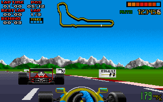 A screenshot of Nigel Mansell's World Championship Racing: a cockpit view of a Formula 1 car on a track beside snow-capped mountains, with lap times, position and speed on the dashboard.