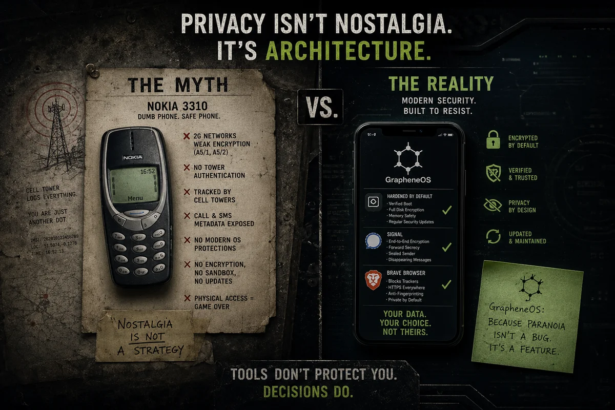 Side-by-side comparison: Nokia 3310 myth versus GrapheneOS reality. The 3310 side lists weak GSM encryption, no tower authentication, call and SMS metadata exposure, and no modern OS protections. The GrapheneOS side shows verified boot, full disk encryption, Signal with sealed sender, and Brave browser. Caption: Tools don't protect you. Decisions do.