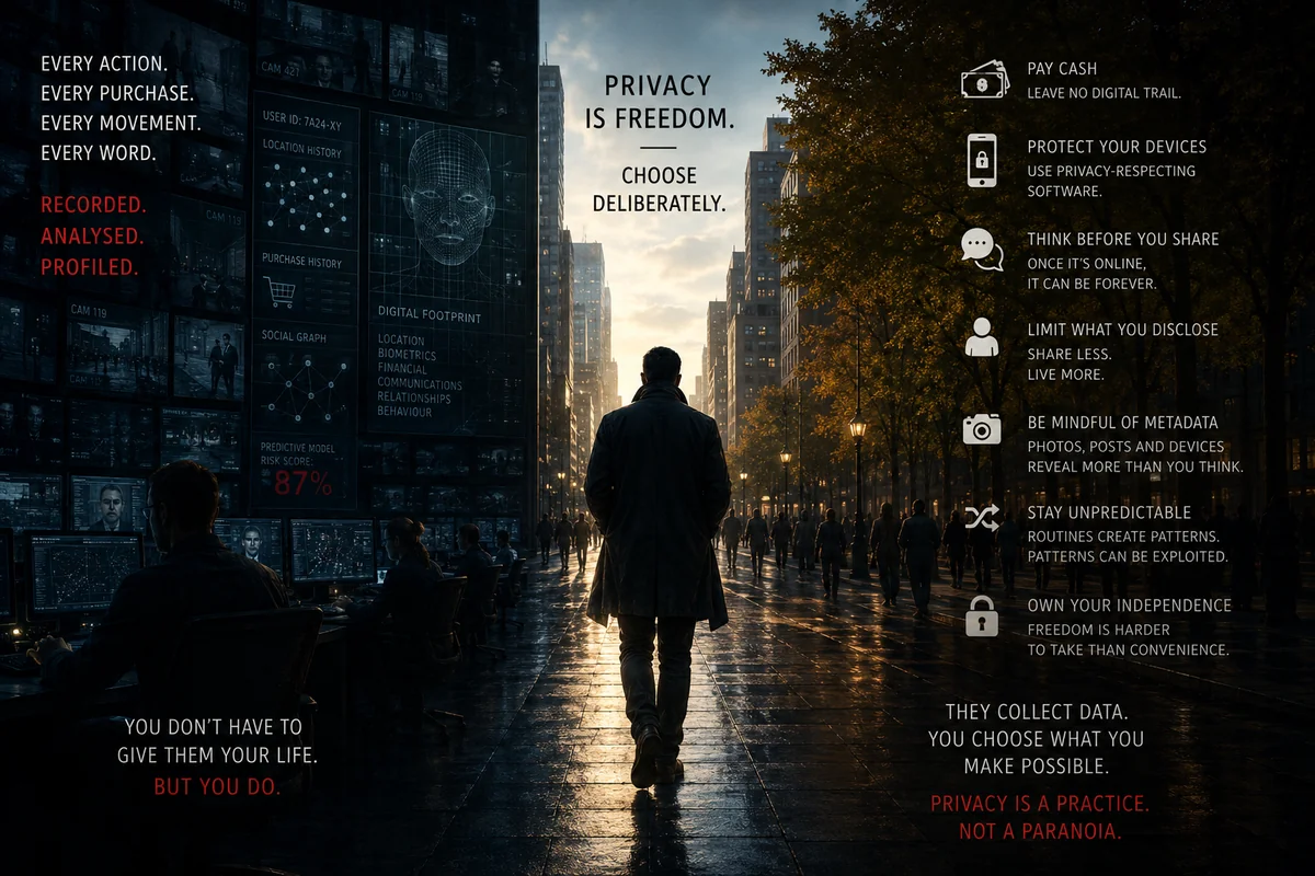 A triptych image. On the left, surveillance screens track a citizen: every action, every purchase, every movement, every word — recorded, analysed, profiled. In the centre, a lone figure walks through a city street toward the light, with the words Privacy is Freedom. Choose Deliberately. On the right, a practical guide: pay cash, protect your devices, think before you share, limit what you disclose, be mindful of metadata, stay unpredictable, own your independence. Privacy is a practice. Not a paranoia.