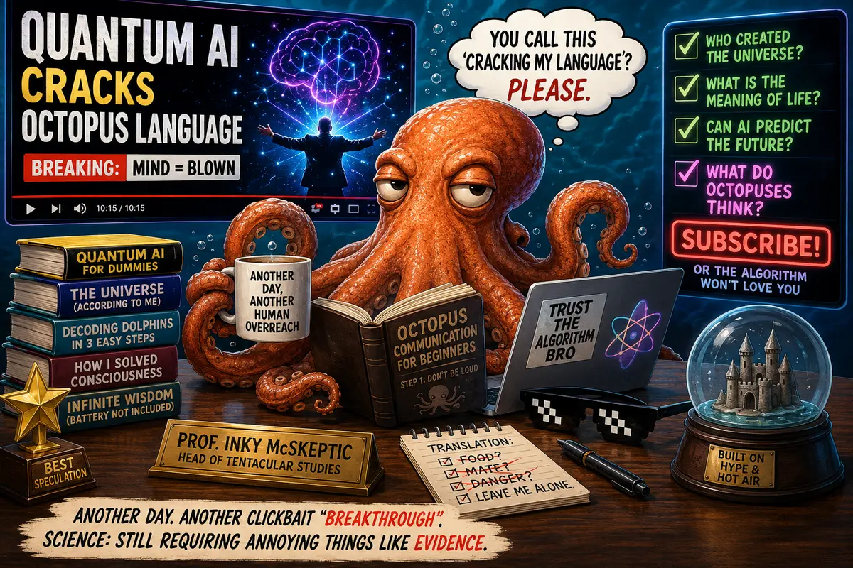 Prof. Inky McSkeptic, Head of Tentacular Studies, holds a coffee mug reading 'Another Day, Another Human Overreach' while reading Octopus Communication for Beginners beside a laptop displaying 'Trust the Algorithm Bro'
