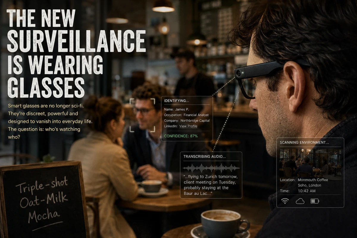 Smart glasses resting on a café table — stylish frames concealing camera and AI surveillance capability