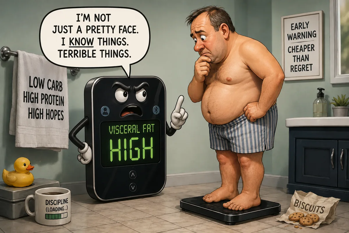 Smart scale displaying high visceral fat reading — early health warning technology