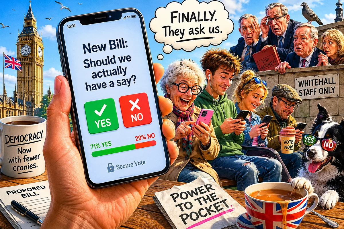A hand holds a smartphone showing a public vote on a new bill, with Big Ben behind, enthusiastic citizens on their phones, and alarmed Whitehall officials peering over a wall marked Staff Only