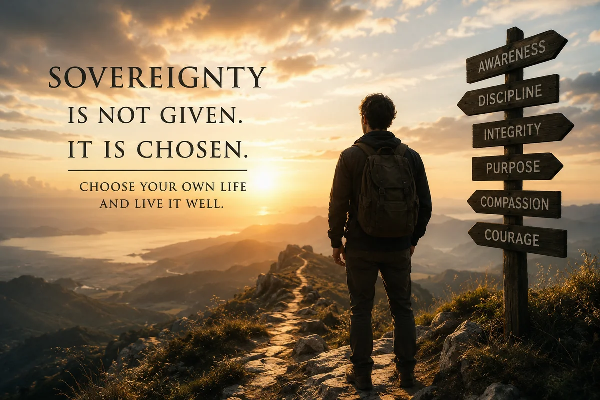 A lone figure with a backpack stands at a mountain summit at sunrise, facing a vast landscape. Beside them, a signpost points in multiple directions: Awareness, Discipline, Integrity, Purpose, Compassion, Courage. The text reads: Sovereignty is not given. It is chosen. Choose your own life and live it well.