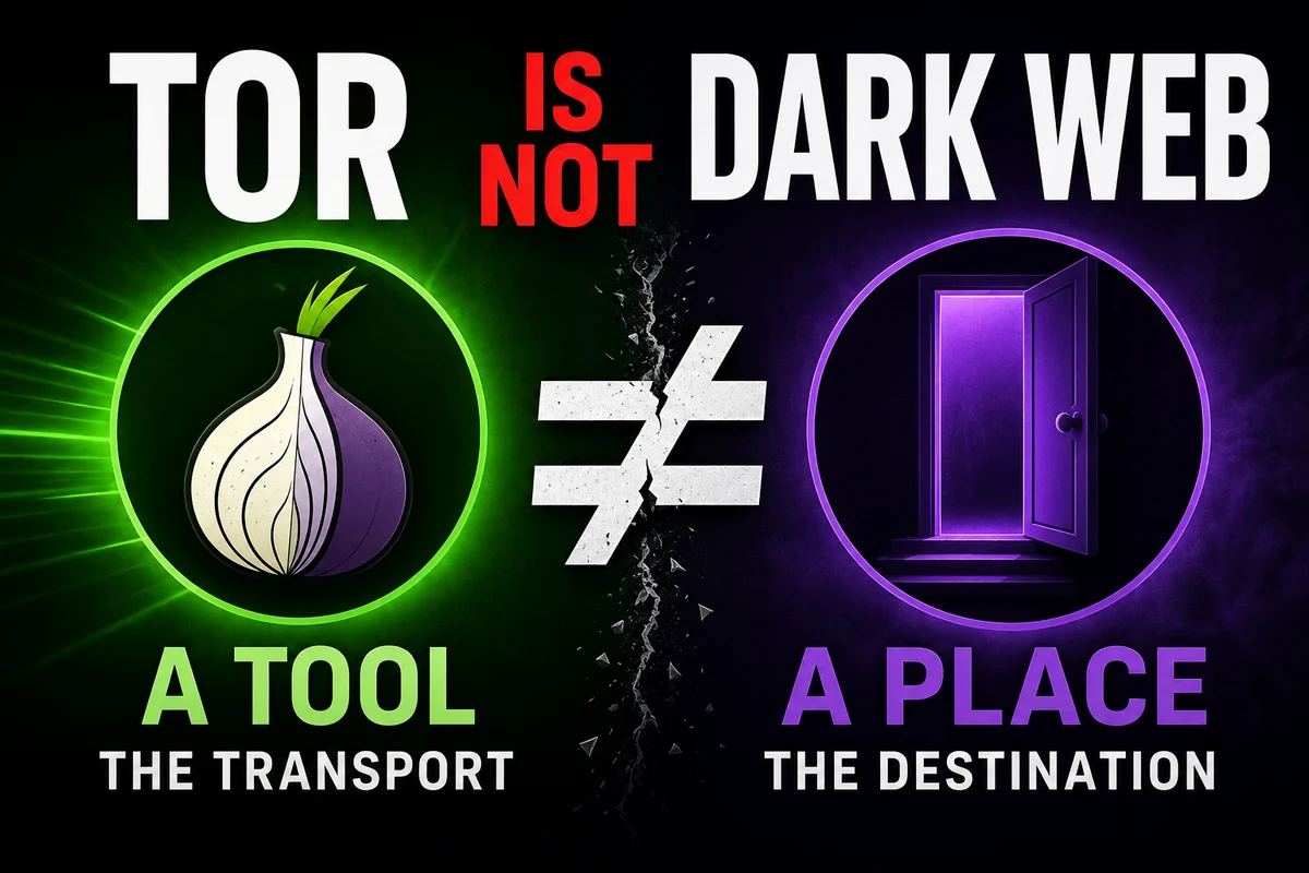 A split graphic reading Tor is not Dark Web. On the left, on a green background, a glowing green circle around an onion icon is labelled A Tool, The Transport. On the right, on a purple background, a glowing purple circle around an open door is labelled A Place, The Destination. A cracked barrier and a not-equal-to symbol separate the two halves.