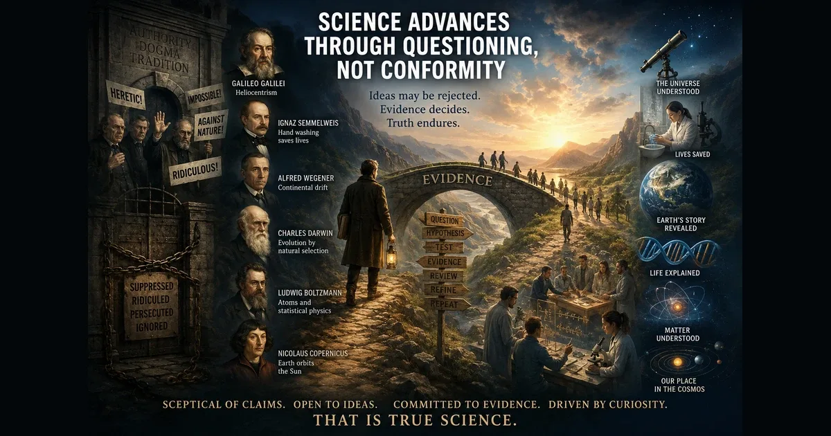 Wide banner reading Science Advances Through Questioning, Not Conformity, showing a lone figure walking toward a stone bridge labelled Evidence, with historical figures including Galileo, Semmelweis, Wegener, Darwin, Boltzmann and Copernicus on one side, and modern scientific achievements on the other.