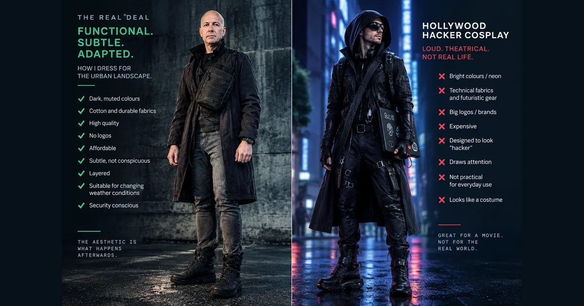 Side-by-side comparison. Left, labelled The Real Deal: Functional, Subtle, Adapted, a man in a dark overcoat, worn denim and boots against a concrete wall, with a checklist of dark muted colours, durable fabrics, no logos, affordability, and security consciousness. Right, labelled Hollywood Hacker Cosplay: Loud, Theatrical, Not Real Life, a figure in a rain-soaked neon-lit street wearing a studded trench coat, tactical harness and sunglasses at night, with a checklist of everything wrong with it: bright colours, big logos, impracticality, looking like a costume.