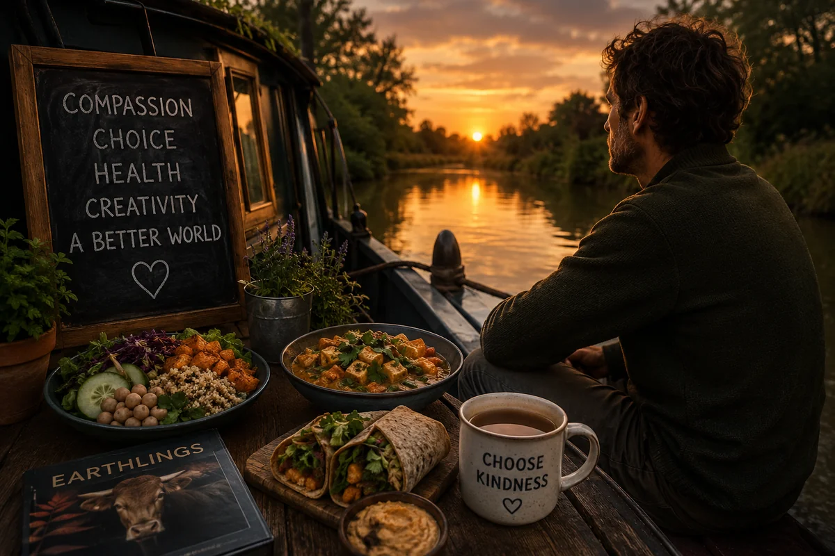 A man sits on the stern of a narrowboat at sunset, looking out over a calm canal. In the foreground, a spread of vegan food: grain bowls, tofu curry, wraps and hummus. A chalkboard reads Compassion, Choice, Health, Creativity, A Better World. A mug reads Choose Kindness. The documentary Earthlings is visible among the items.