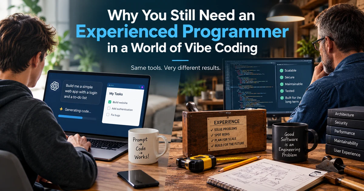 Split image: on the left, someone vibe coding, prompting an AI to build a web app with a login and to-do list from a laptop, mug reading "Prompt, Code, Works!". On the right, an experienced programmer at a multi-monitor setup with a checklist for scalable, secure, maintainable, tested code built for the long term, surrounded by a toolbox labelled Experience and books on Architecture, Security, Performance, Maintainability and User Experience.