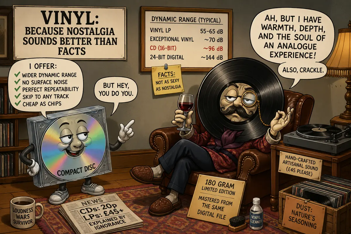 A cartoon LP in a smoking jacket sits in an armchair sipping red wine, insisting it has warmth, depth and the soul of an analogue experience, while a cheerful Compact Disc points out its wider dynamic range, no surface noise and perfect repeatability. A sticky note on the wall reads: Facts — not as sexy as nostalgia.