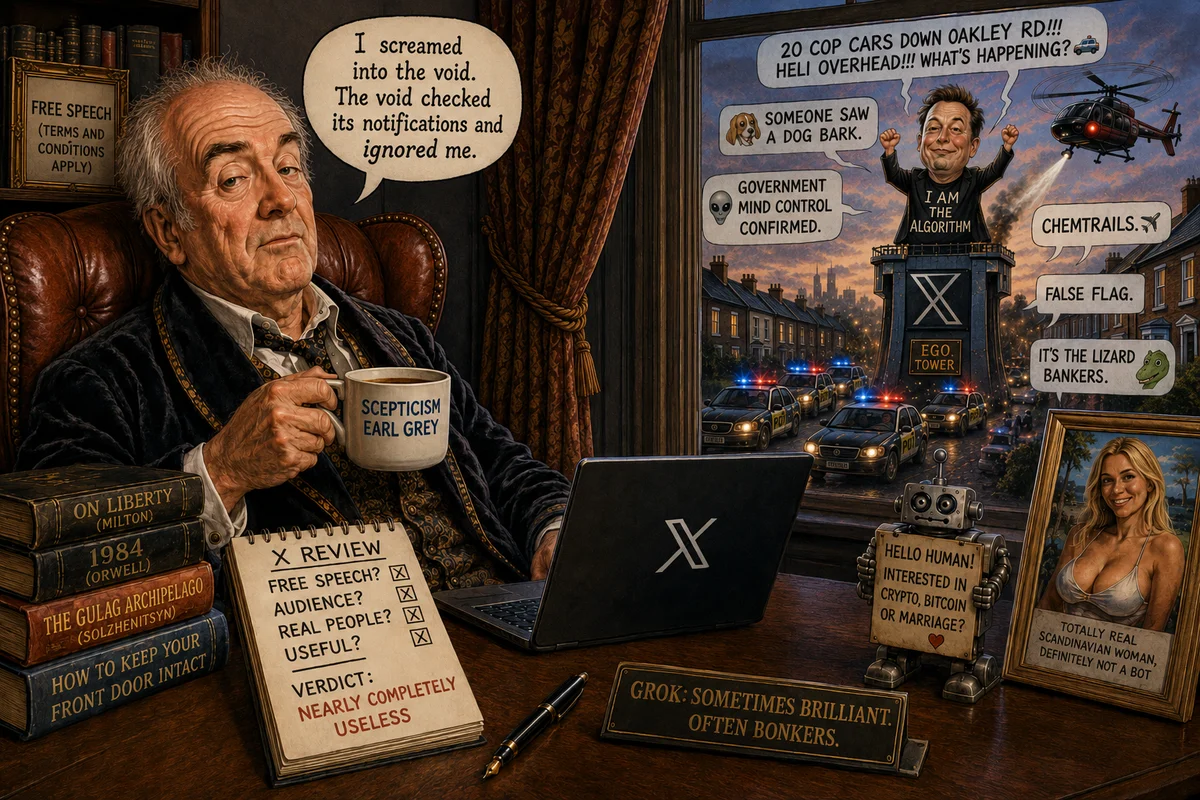 A sceptical gentleman with a Scepticism Earl Grey mug surveys a laptop showing the X logo, surrounded by conspiracy speech bubbles, a crypto bot, and a definitely-not-a-bot Scandinavian woman